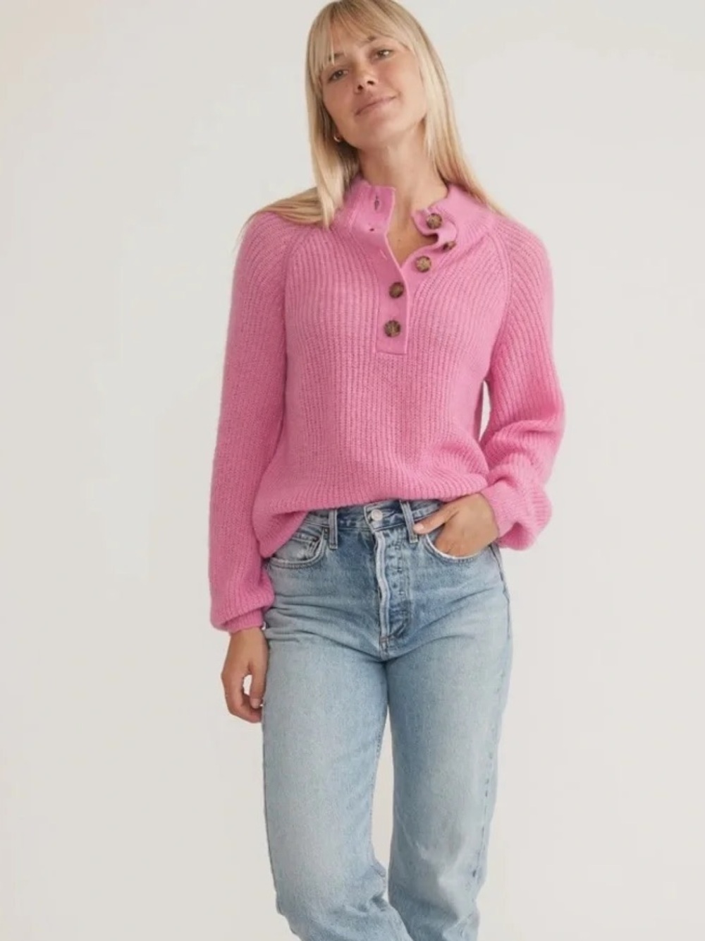 Marine Layer Pink Button-Front Dream yarn Wool Blend Sweater pink punch -S